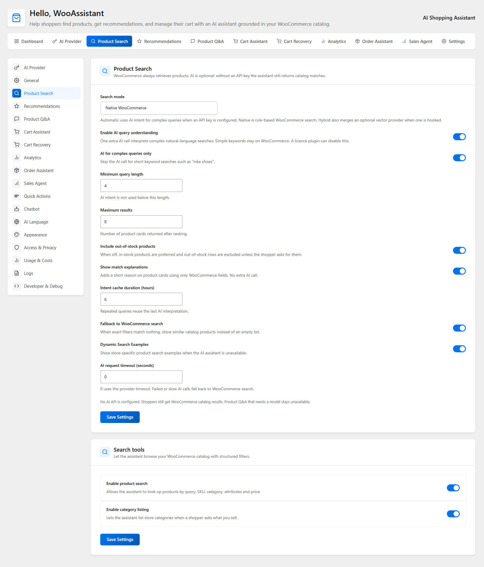 Native WooCommerce search